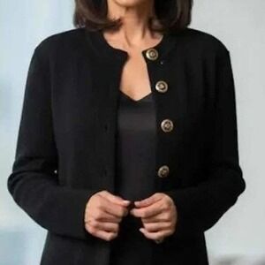 St. John‎ $1800 Medium Black Santana Longline Classic Knit Gold Button Jacket